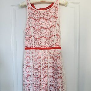 Coral and White Sleeveless Fit and Flare Lace Dress